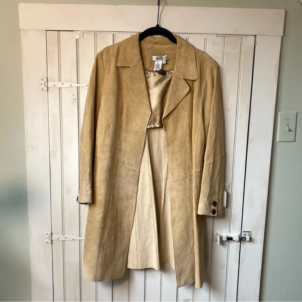 90s Coldwater Creek Leather Suede Trench Coat Women Med Open Front Western Boho - Picture 1 of 15